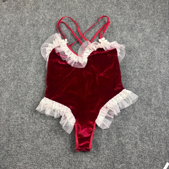 Other - Red Velour Strappy Lingerie Bodysuit Santa Bunny Christmas White lace sz: Medium
